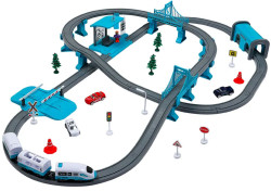 Большая игрушечная железная дорога Givito Мой город, 104 предмета на батарейках со светом и звуком бирюзовая